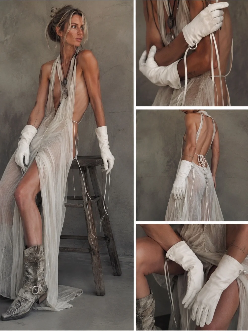 White Leather Gauntlet Gloves Silver piercings  & Leather Tassels Avant-Garde